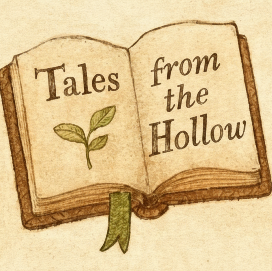 Illustration of an open book with a title 'Tales from the Hollow' on a beige background